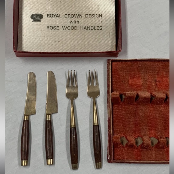 Antique Cocktails Forks Knives Spoons Royal Crown Design Rose Wood Handles - Picture 17 of 17